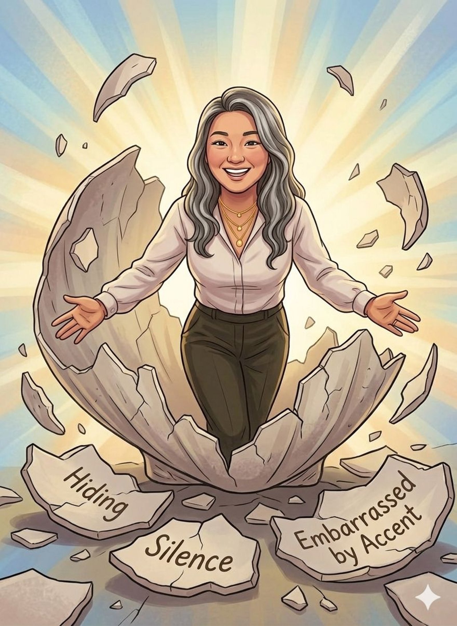 Illustration of a woman stepping out of a shattered stone shell inscribed with silence and embarrassment, arms open in sunlight.